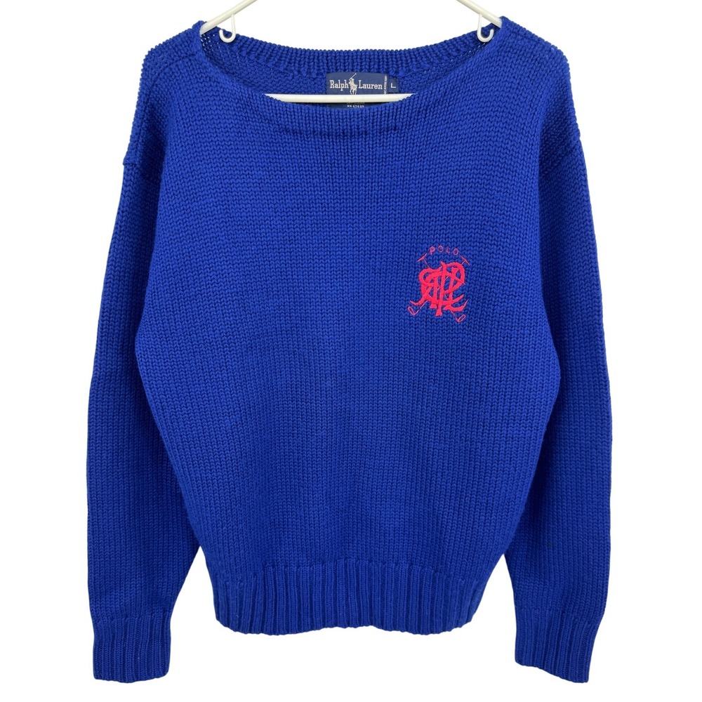 Vintage Ralph Lauren Blue 100% Wool Knit Sweater‎ Golf Crest Logo Mens Large